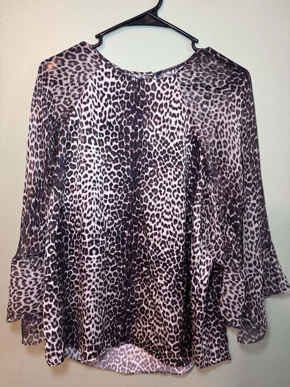 Elie Tahari 100% Silk Leopard Print Bell Sleeve Tunic Blouse Top Women's